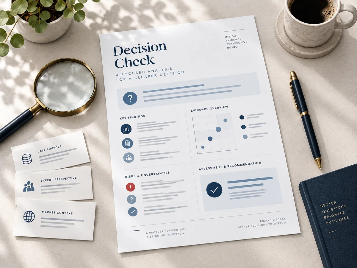 Visualisierung eines fokussierten Decision Checks mit einer einzelnen Prüffrage, Quellen und einer kompakten Einschätzung.