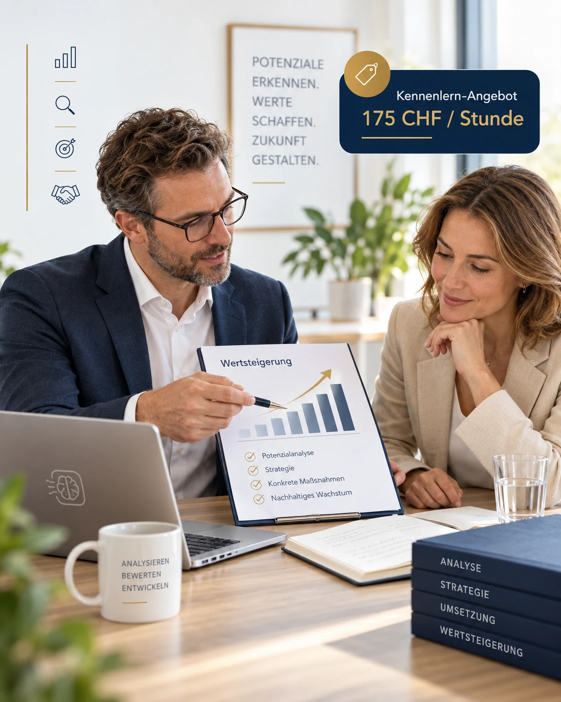Beratungsgespräch zur Wertsteigerung eines Unternehmens mit Analyse, Strategie und konkreten Entwicklungsschritten.